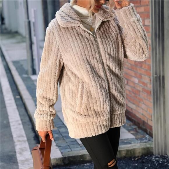 Women's Fleece Jacket Full Zip Long Sleeve Lapel Collar Sherpa Coat with Pockets - Picture 4 of 6